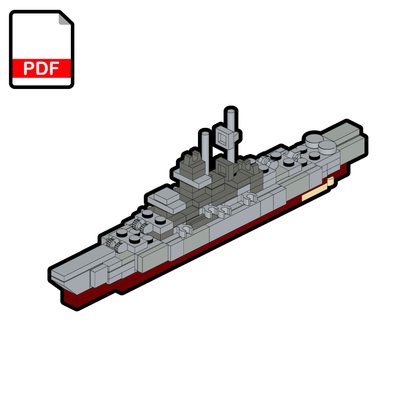 Model of a ship made from interlocking bricks on a white background with a PDF icon.