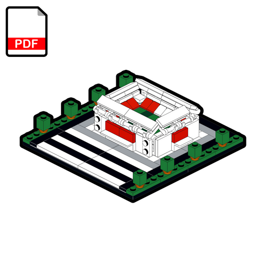 LEGO Football Stadium model with red and green pieces on a white background, accompanied by a PDF icon.