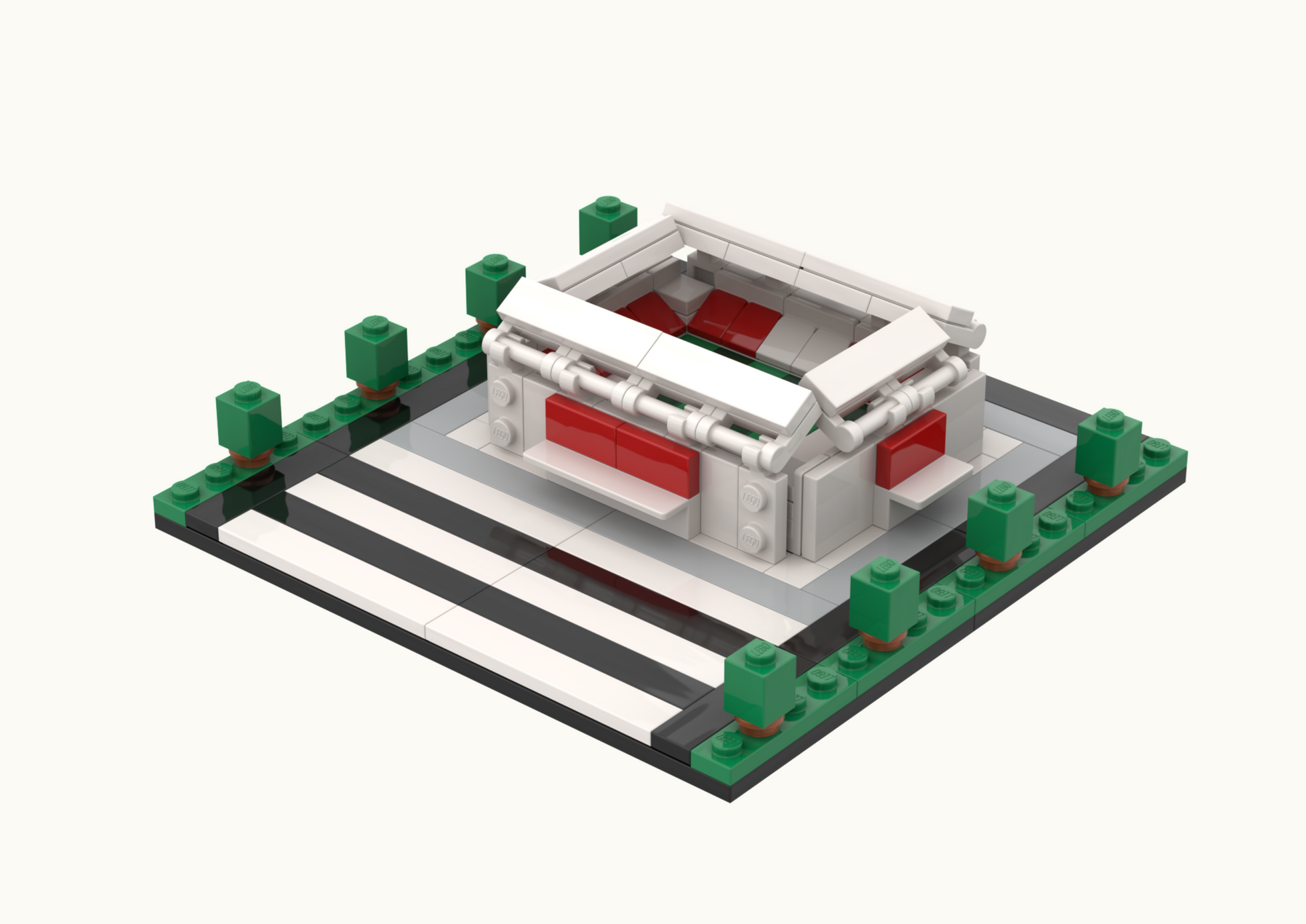 LEGO model of a sports stadium on a white background.