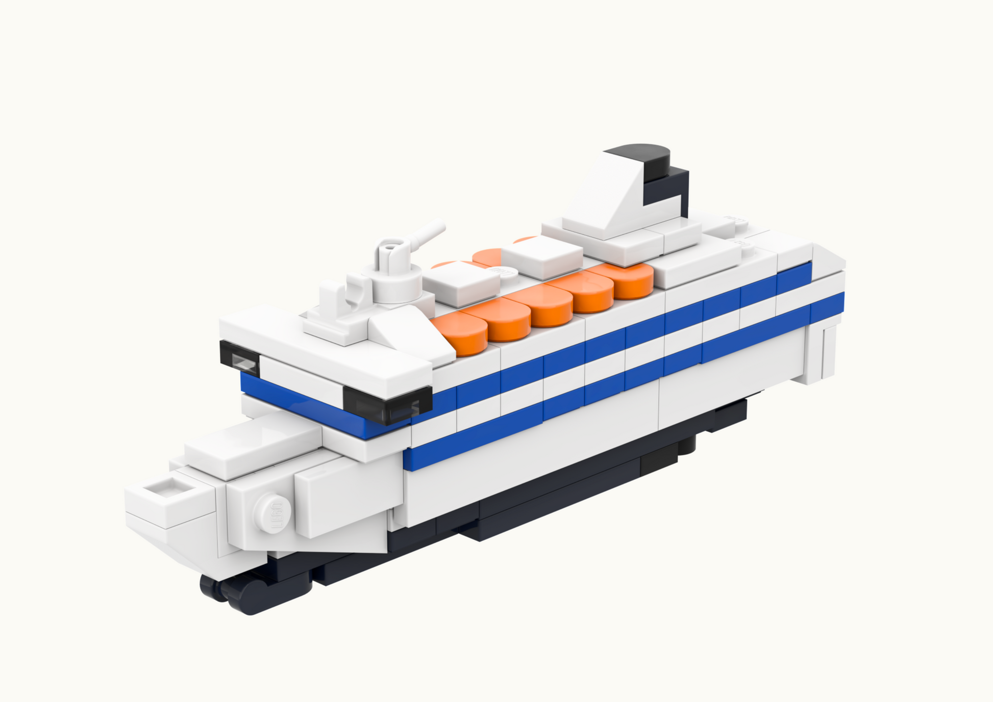 Toy boat made of interlocking bricks on a white background.