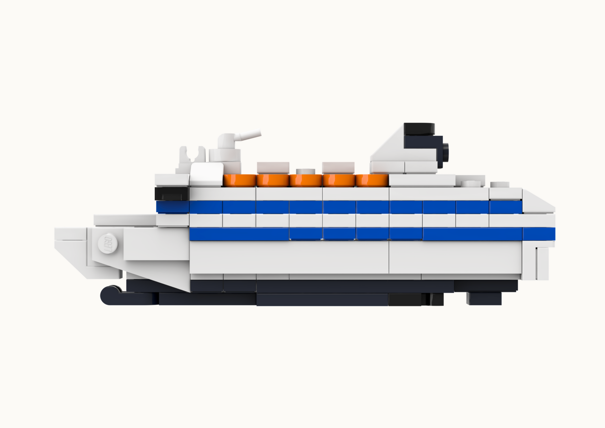 Model of a ship made from interlocking bricks on a white background.