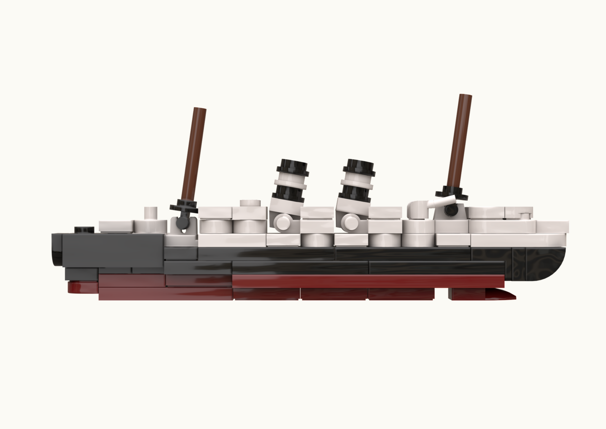 Model of a ship made from interlocking bricks on a white background.