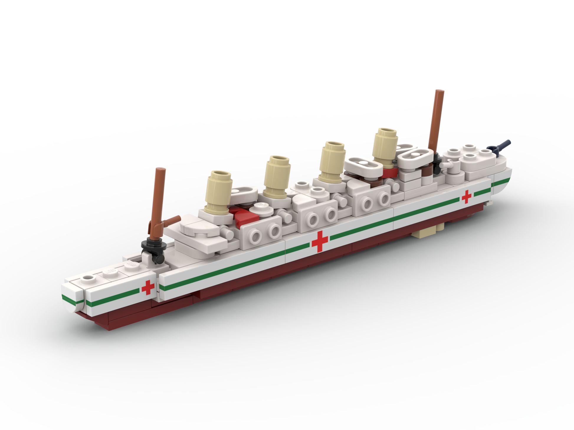 Model of a ship made from building blocks on a white background.
