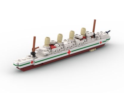 Model of a ship made from building blocks on a white background.