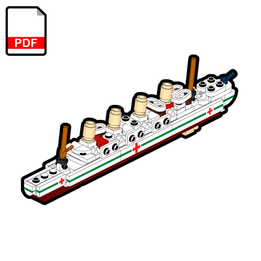 Model of a ship with red cross symbols on a white background.