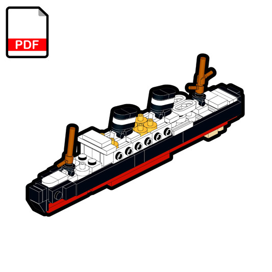 Model of a ship with black, white, and red colors on a white background.