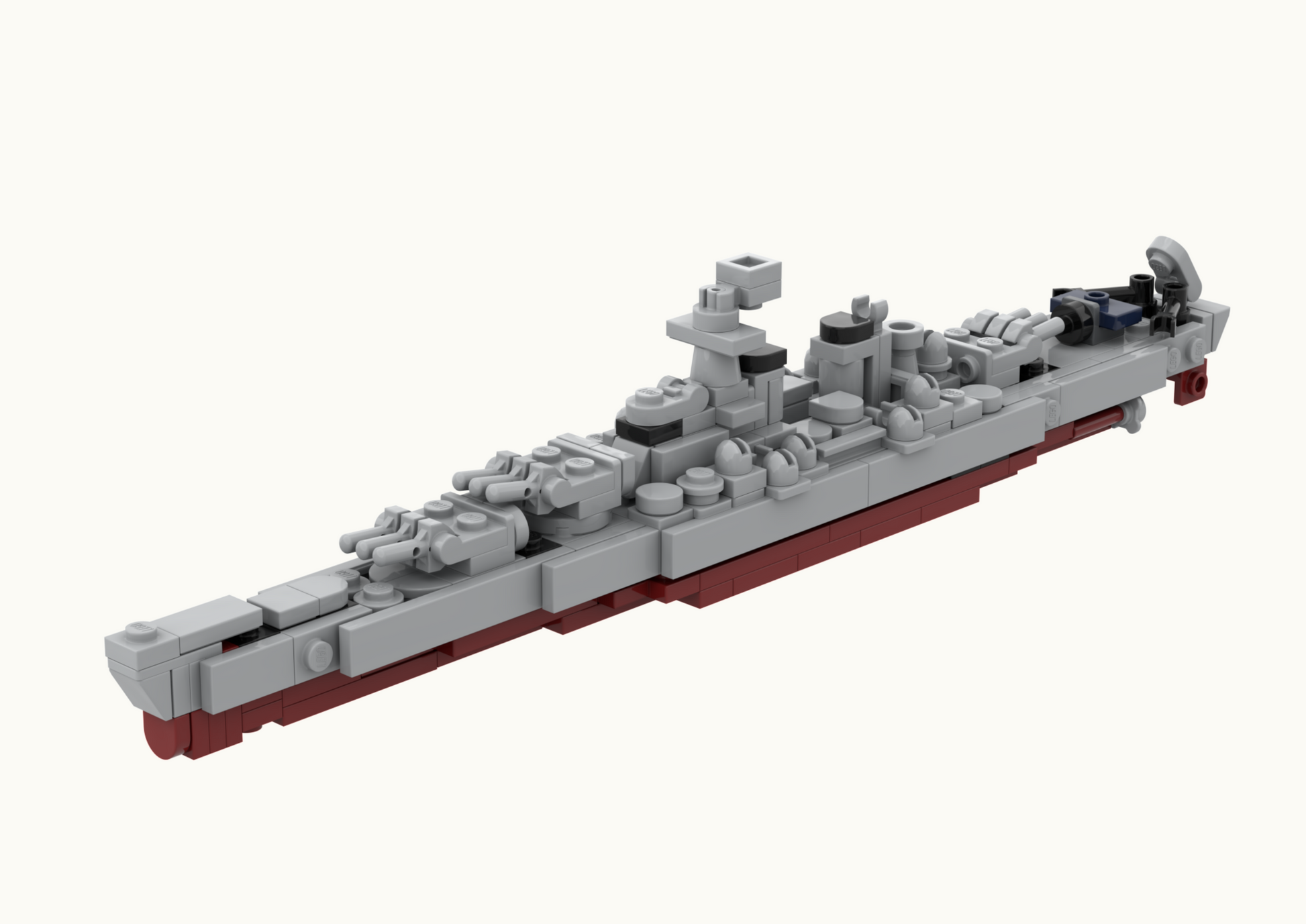 Model of a battleship made from interlocking bricks on a white background