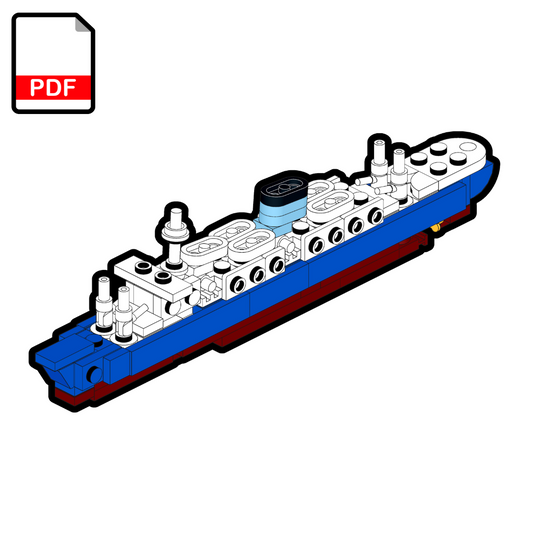 Model of a ship made from interlocking bricks on a white background with a PDF icon.