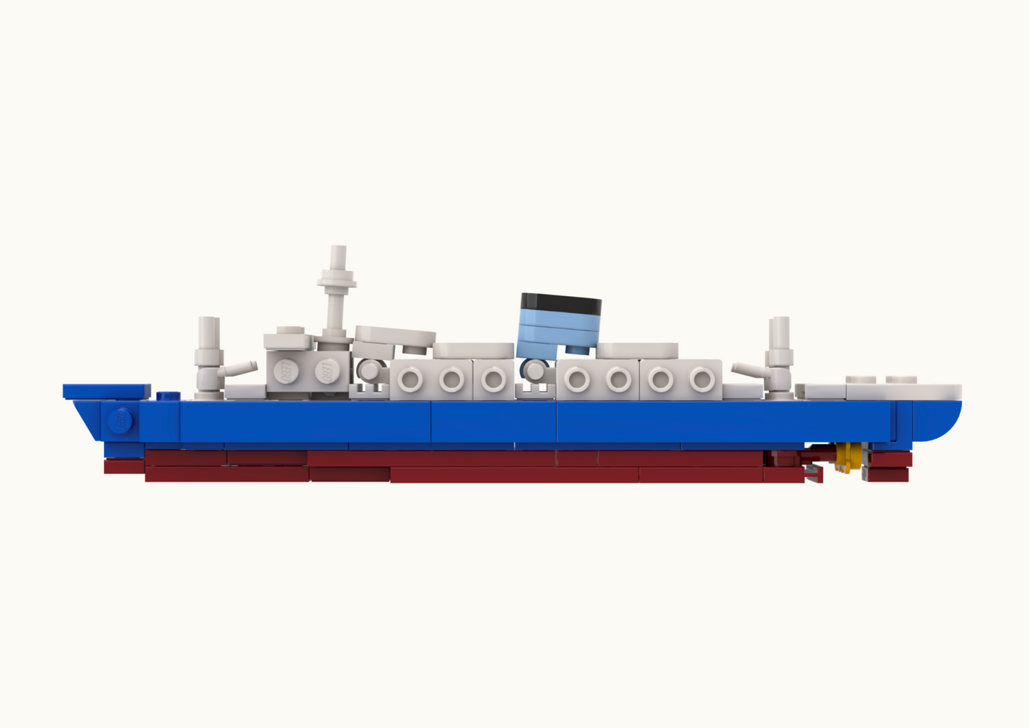 Model of a ship made from interlocking bricks on a white background.