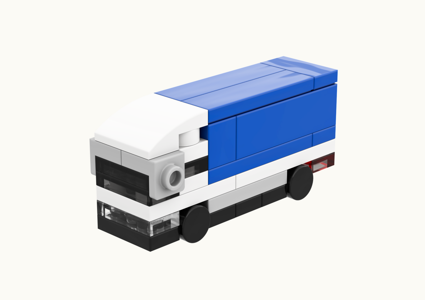 Model of a truck made from interlocking bricks on a white background