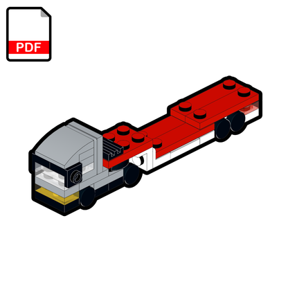 Red and gray toy truck model on a white background with a PDF icon.