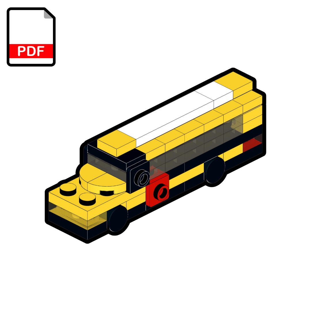 Toy bus made of interlocking bricks on a white background with a PDF icon.