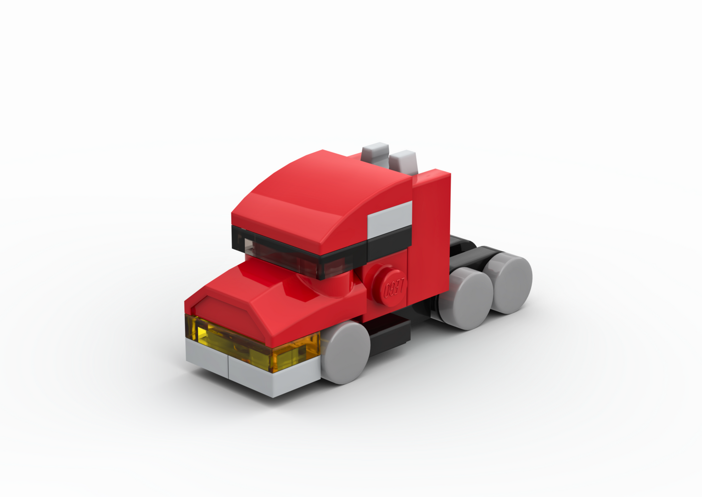 Red toy truck made of interlocking bricks on a white background
