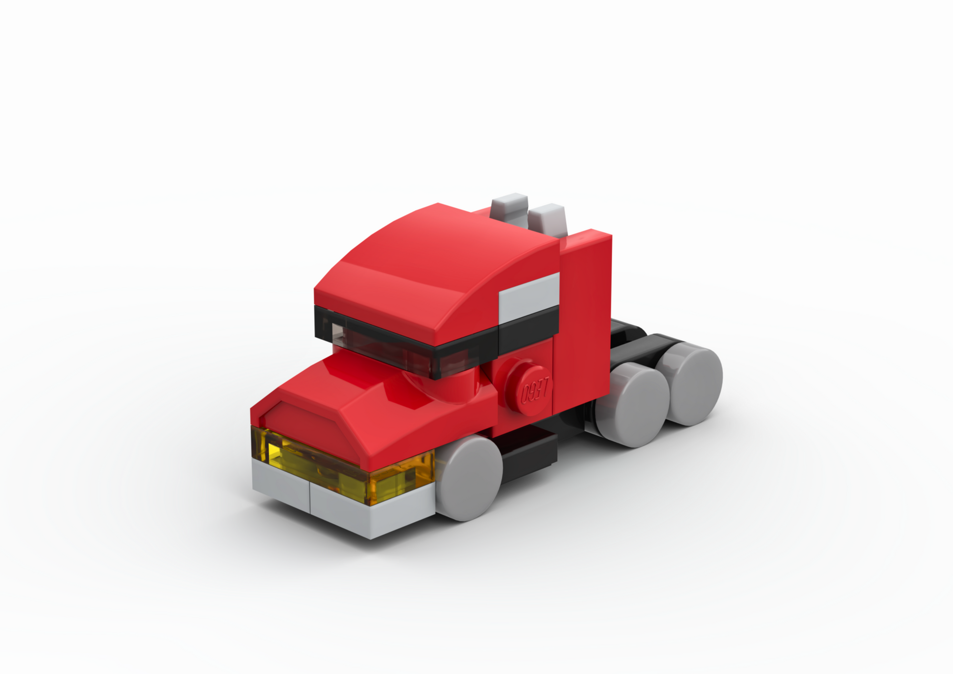 Red toy truck made of interlocking bricks on a white background