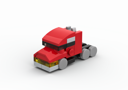 Red toy truck made of interlocking bricks on a white background