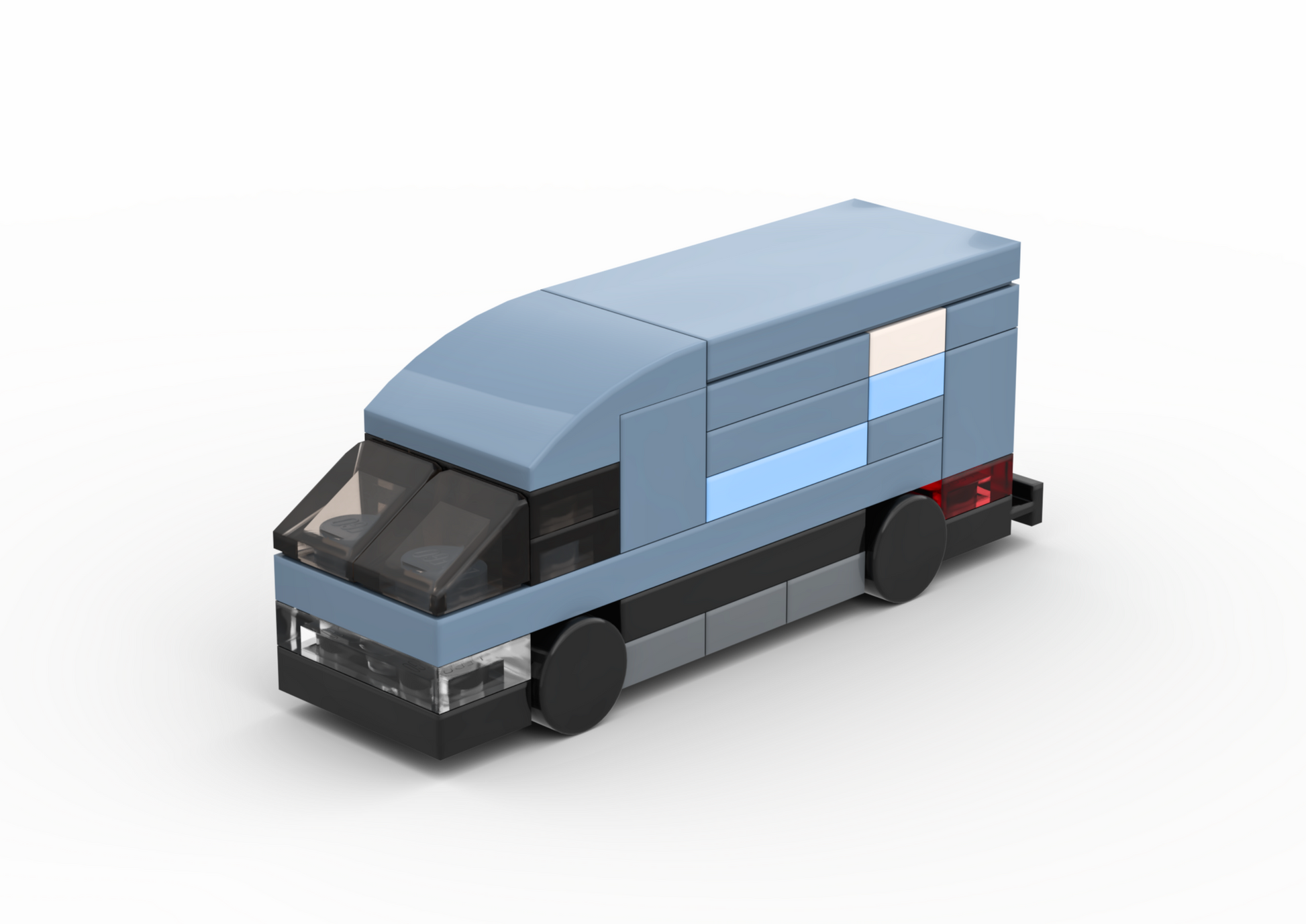 Model of a van made from interlocking bricks on a white background