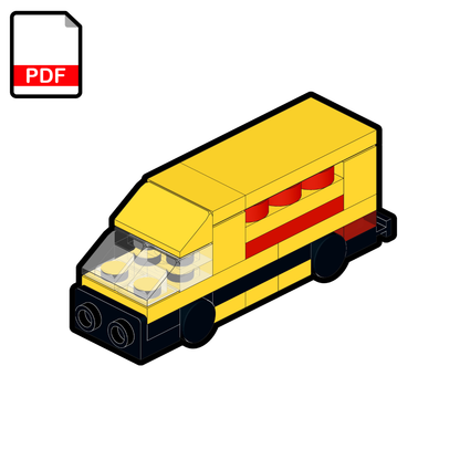 Yellow toy truck with red interior on a white background, accompanied by a PDF icon.