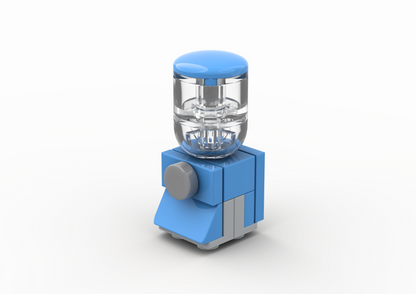 Blue and gray kitchen blender on a white background made of LEGO bricks.