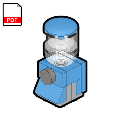 Blue and gray cylindrical device on a white background with a PDF icon.