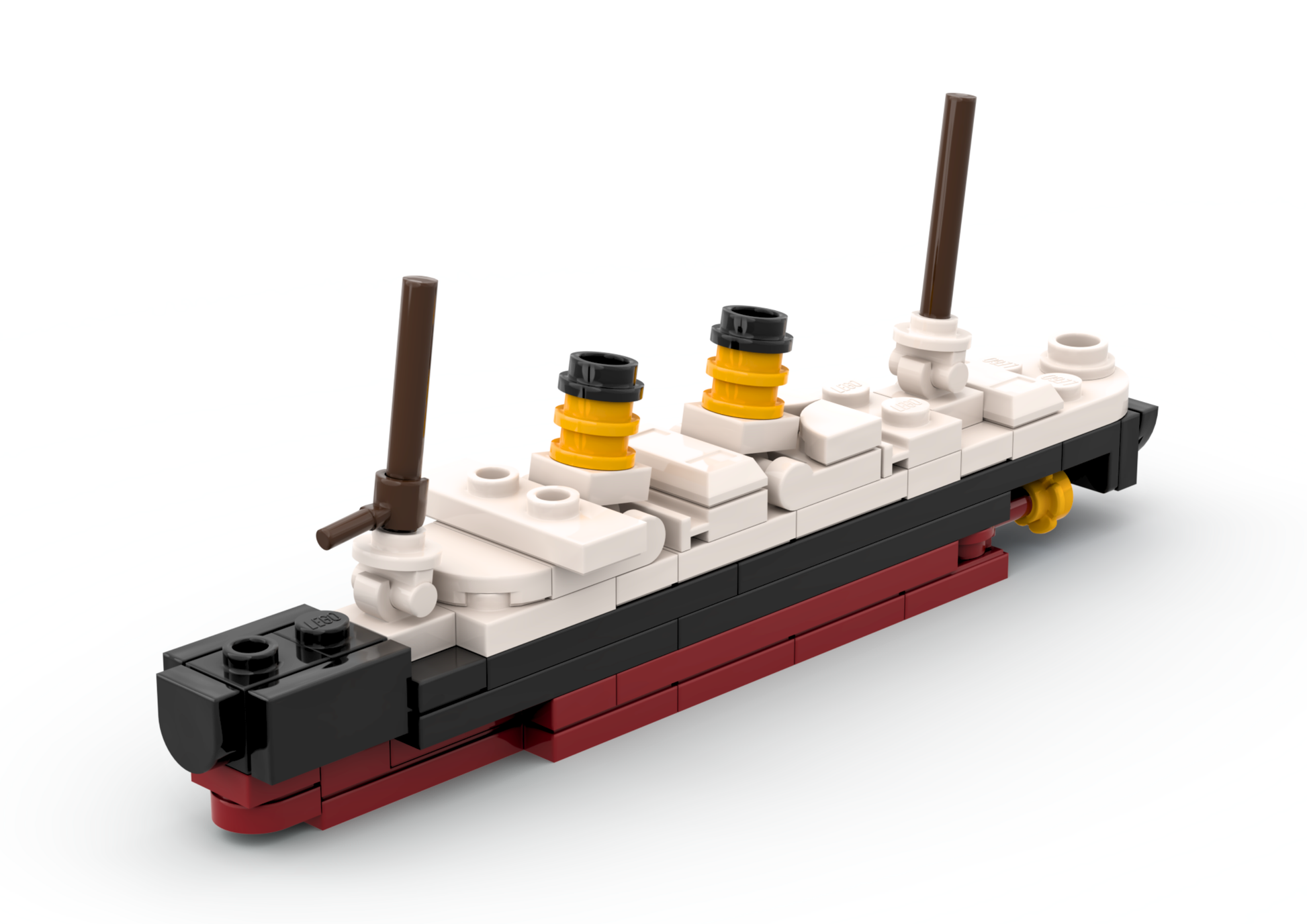Model of a ship made from interlocking bricks on a white background
