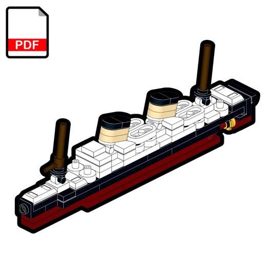 A digital rendering of the MV Britannic ocean liner ship with PDF building instructions icon indicating the format of the instructions.