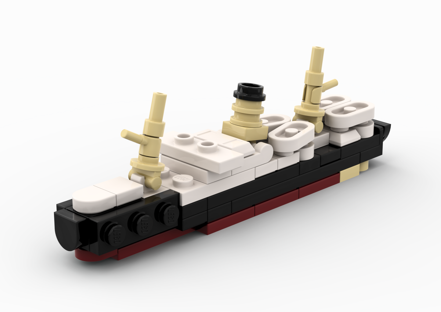 Model of a ship made from interlocking bricks on a white background.