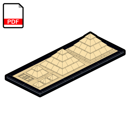 A digital representation of a PDF file showing a building instruction for a LEGO Pyramids of Giza diorama, indicating the construction of the pyramids using LEGO blocks.