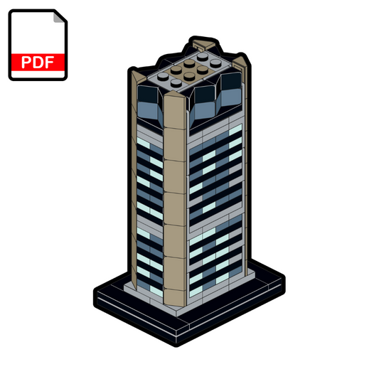 Model of a tall building made from interlocking bricks on a white background with a PDF icon.
