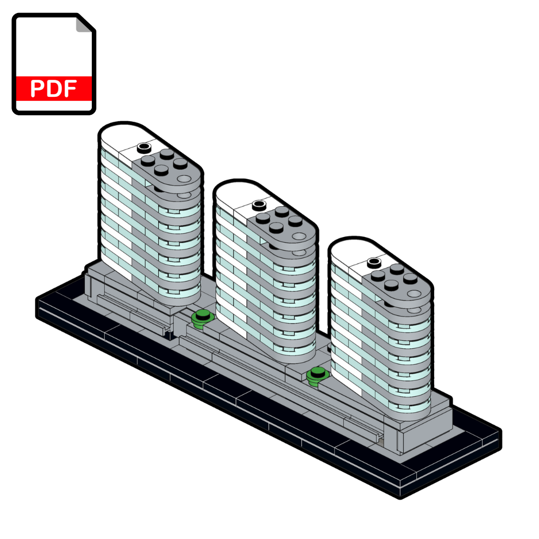Model of three cylindrical buildings on a black base with a PDF icon in the corner.