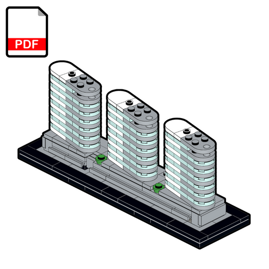 Model of three cylindrical buildings on a black base with a PDF icon in the corner.