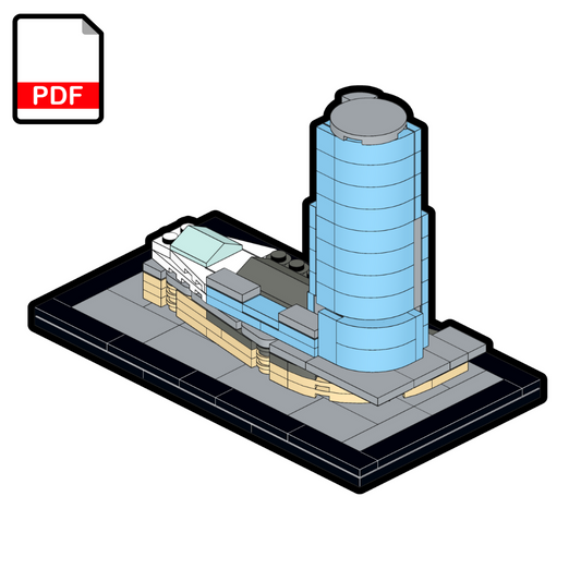 3D model of a building with a PDF icon on a white background.
