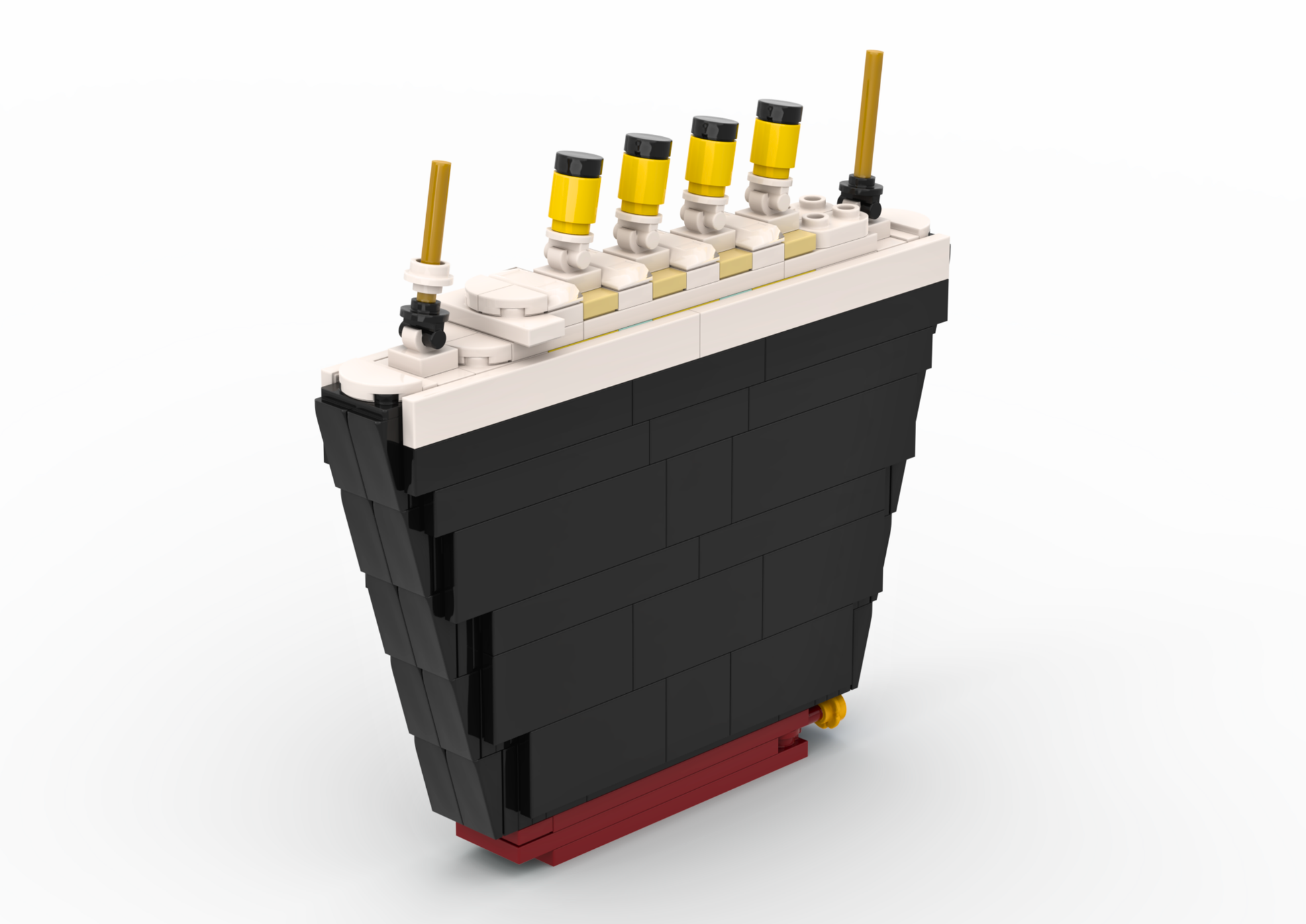 Model of a ship made from building blocks on a white background