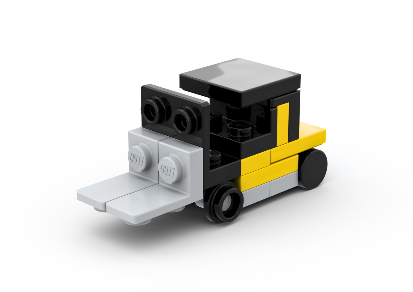 Small model of a forklift made from interlocking building blocks on a white background