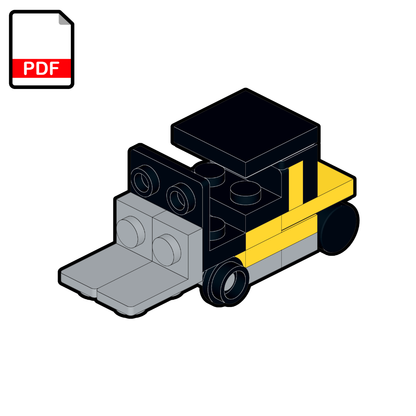 Toy forklift model made from interlocking bricks on a white background with a PDF icon.