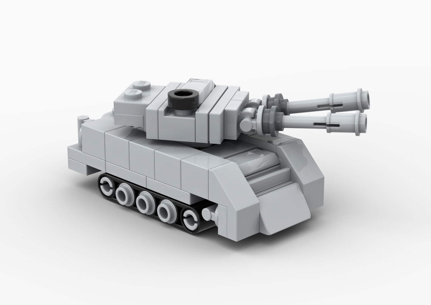 Toy tank model made of interlocking bricks on a white background