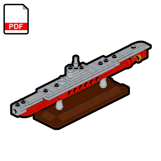 A digital rendering of a LEGO Soviet Submarine M-200 MOC with a PDF icon indicating the format of the building instructions.