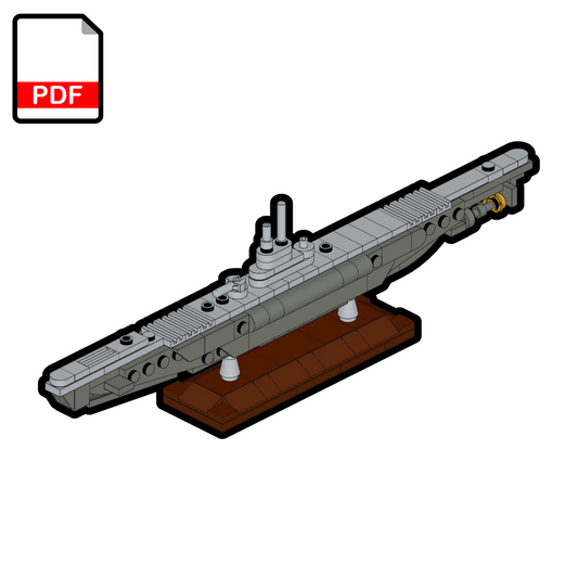 A digital rendering of a LEGO U-995 Type VII Submarine model on a stand, with a PDF icon indicating the format of the building instructions.