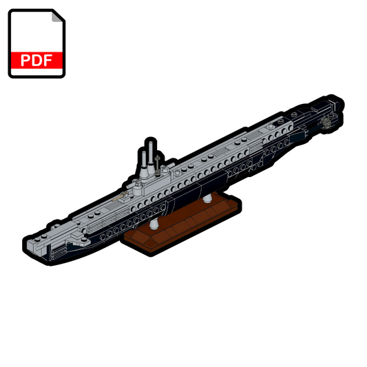 Model of a submarine made from interlocking bricks on a white background.