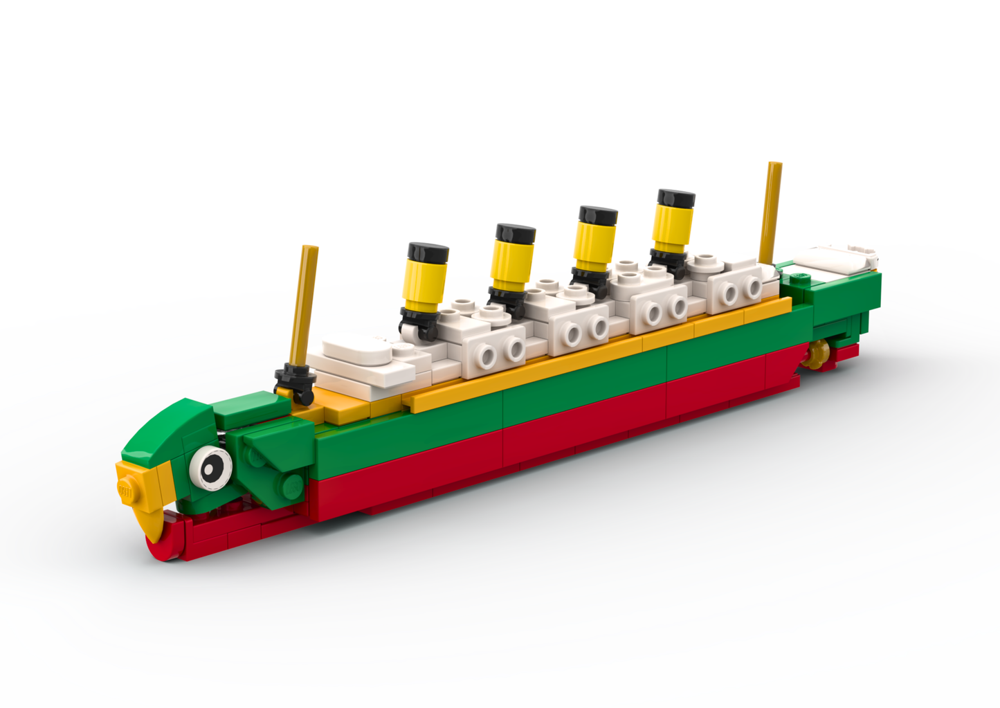 Toy boat made of interlocking bricks on a white background