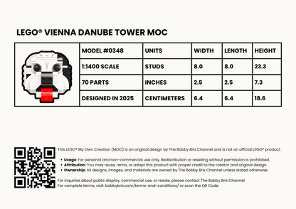 Technical specifications of a LEGO Vienna Danube Tower model on a white background