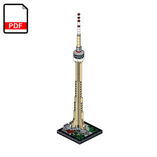 Model of a tower resembling the CN Tower made from building blocks on a white background.