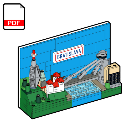 Model of a famous bridge with 'Bratislava' sign on a blue background