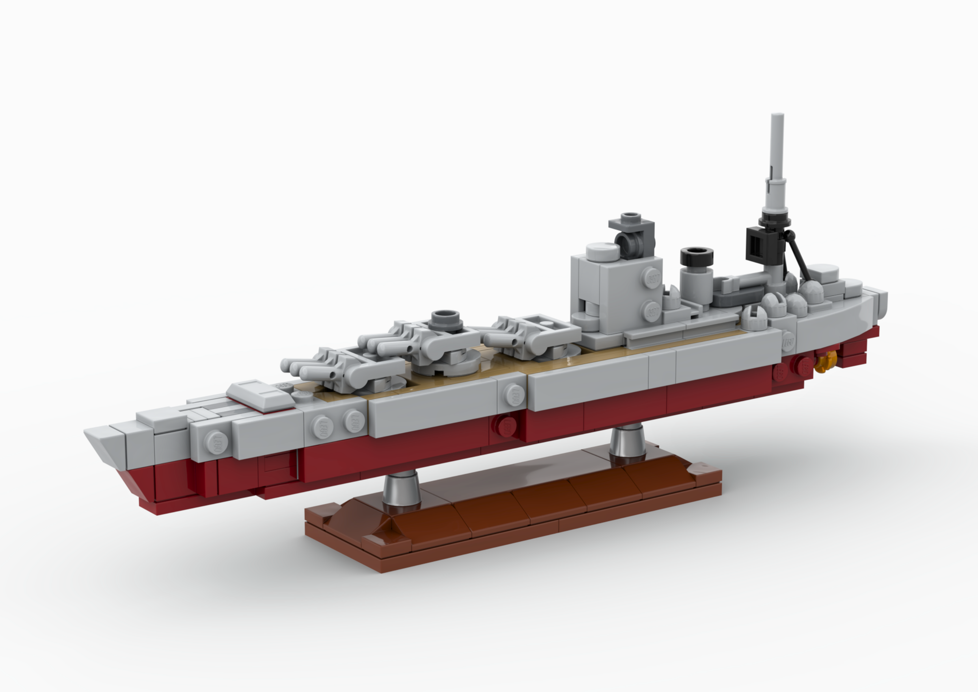 Model of a ship made from building blocks on a white background