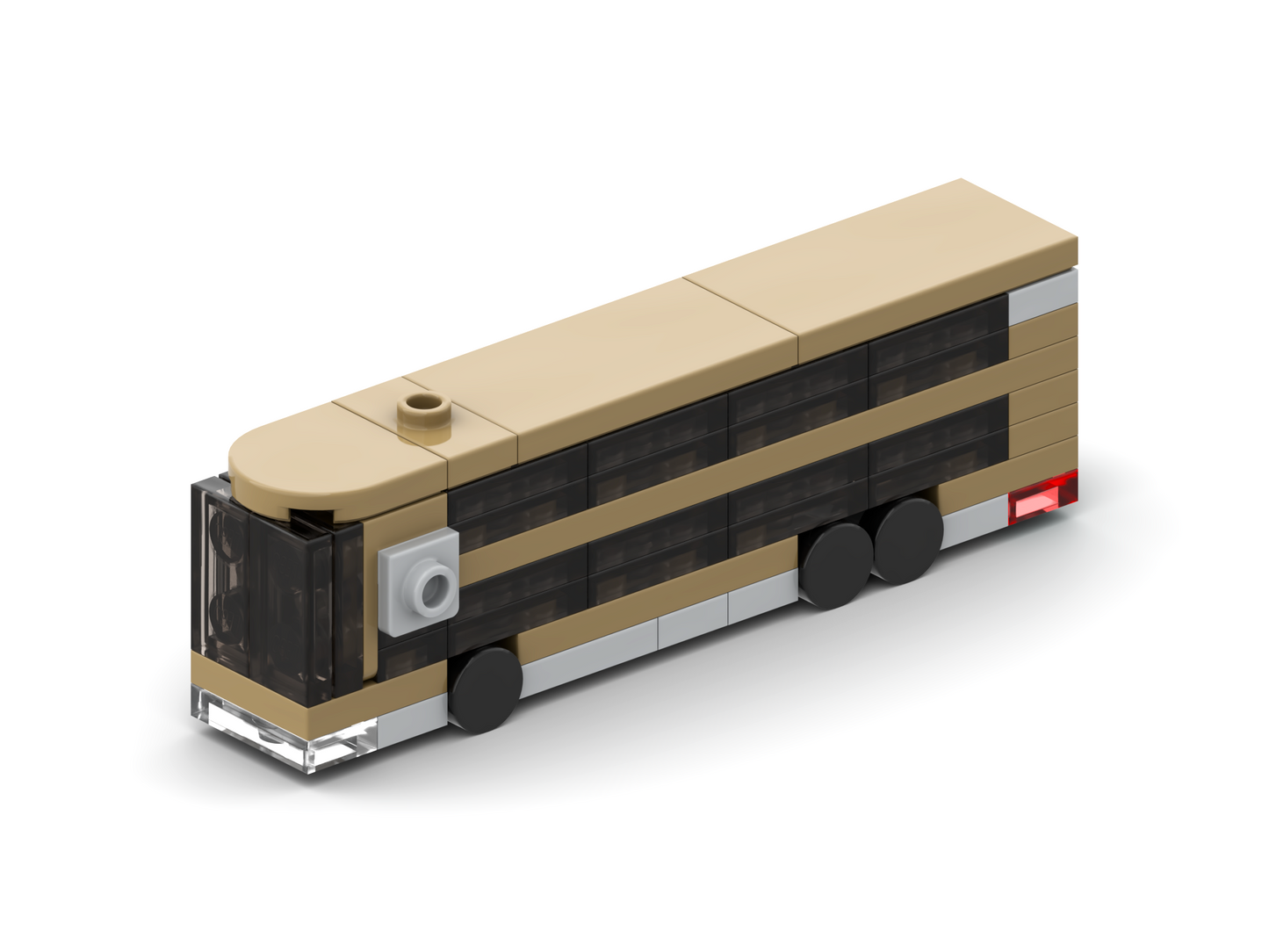 Model of a bus made from interlocking bricks on a white background