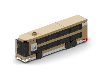 Model of a bus made from interlocking bricks on a white background