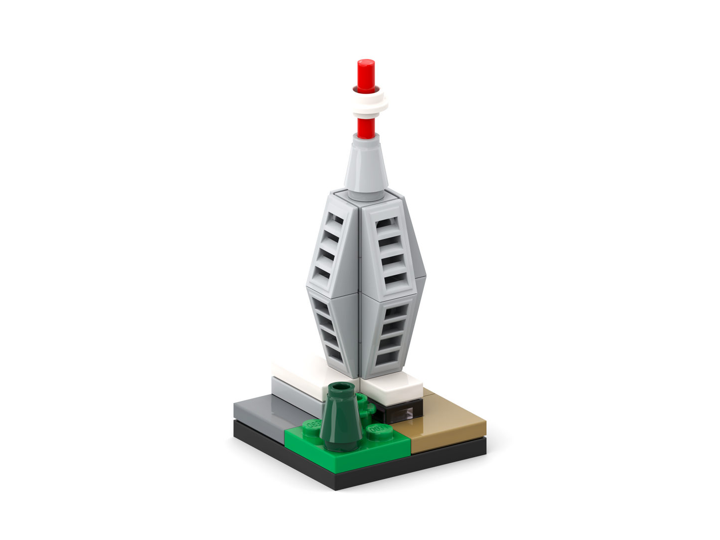 LEGO model of a tower with a white structure, red top, and green base on a white background