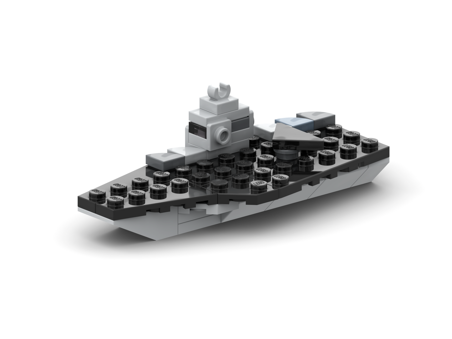 3D rendered image of a micro-scaled LEGO aircraft carrier model.