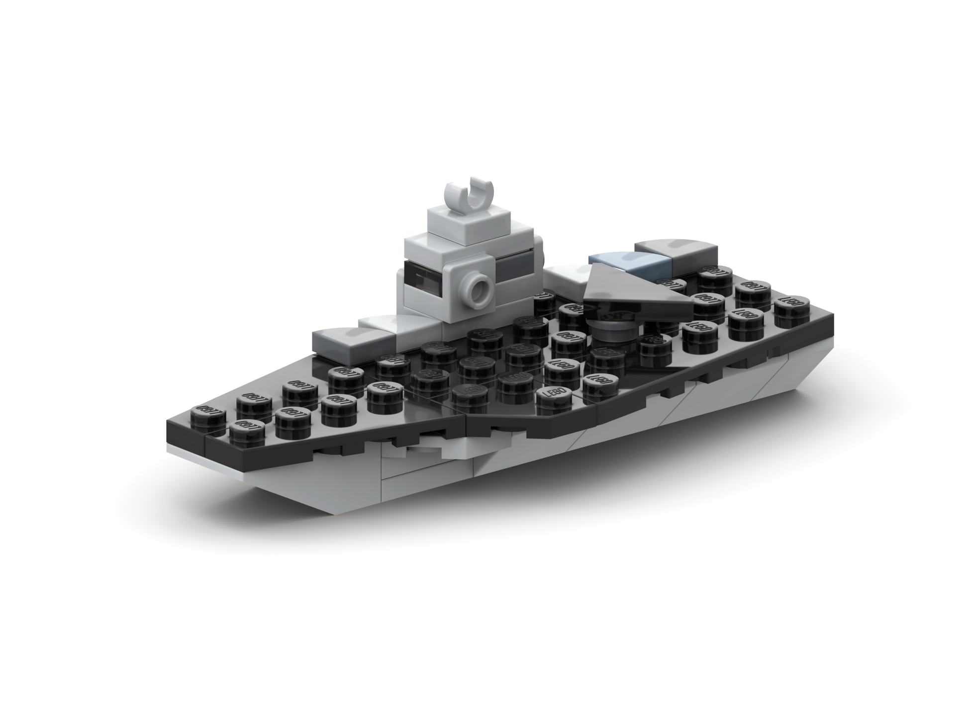 3D rendered image of a micro-scaled LEGO aircraft carrier model.