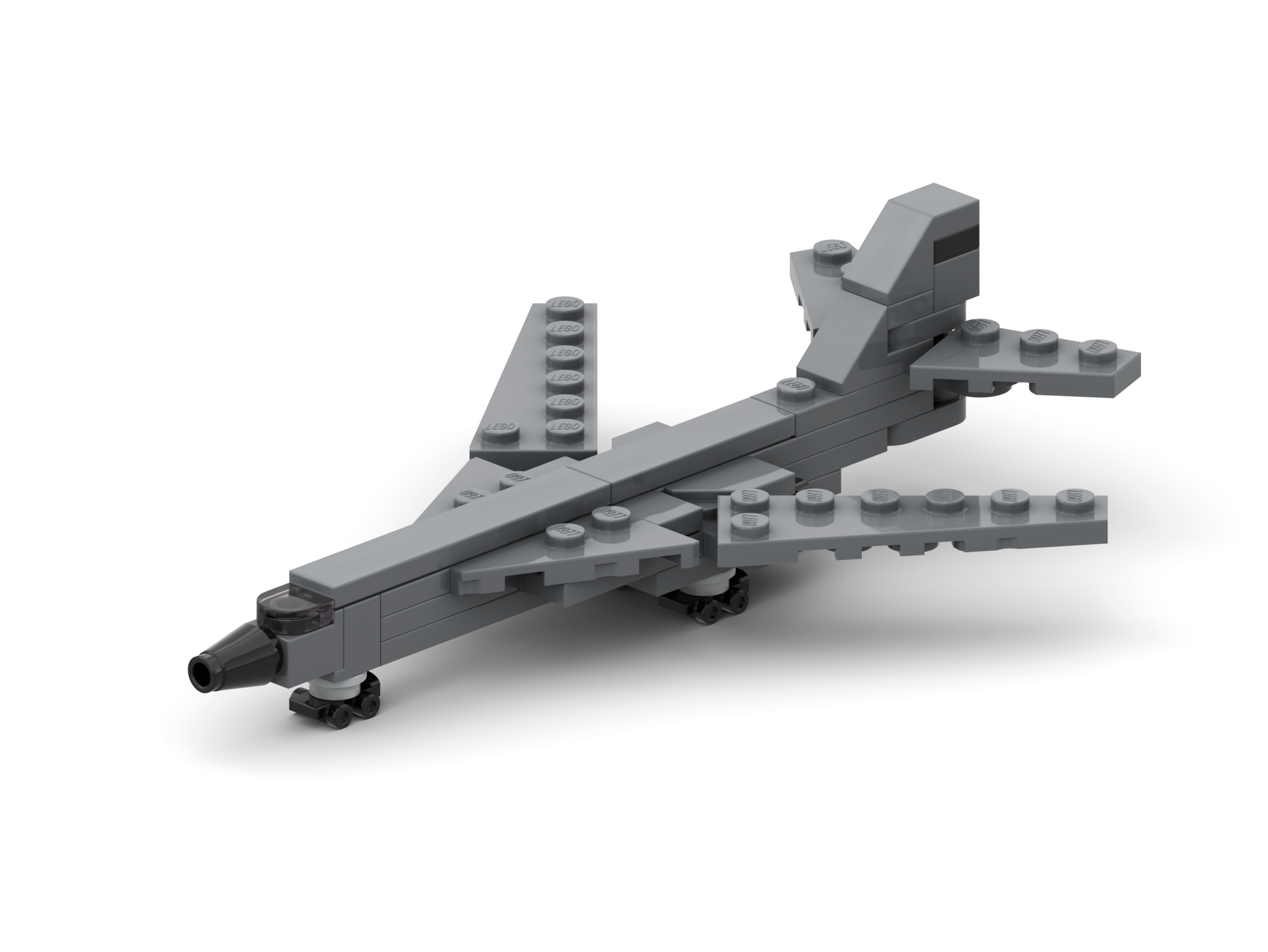Gray airplane model made of interlocking bricks on a white background