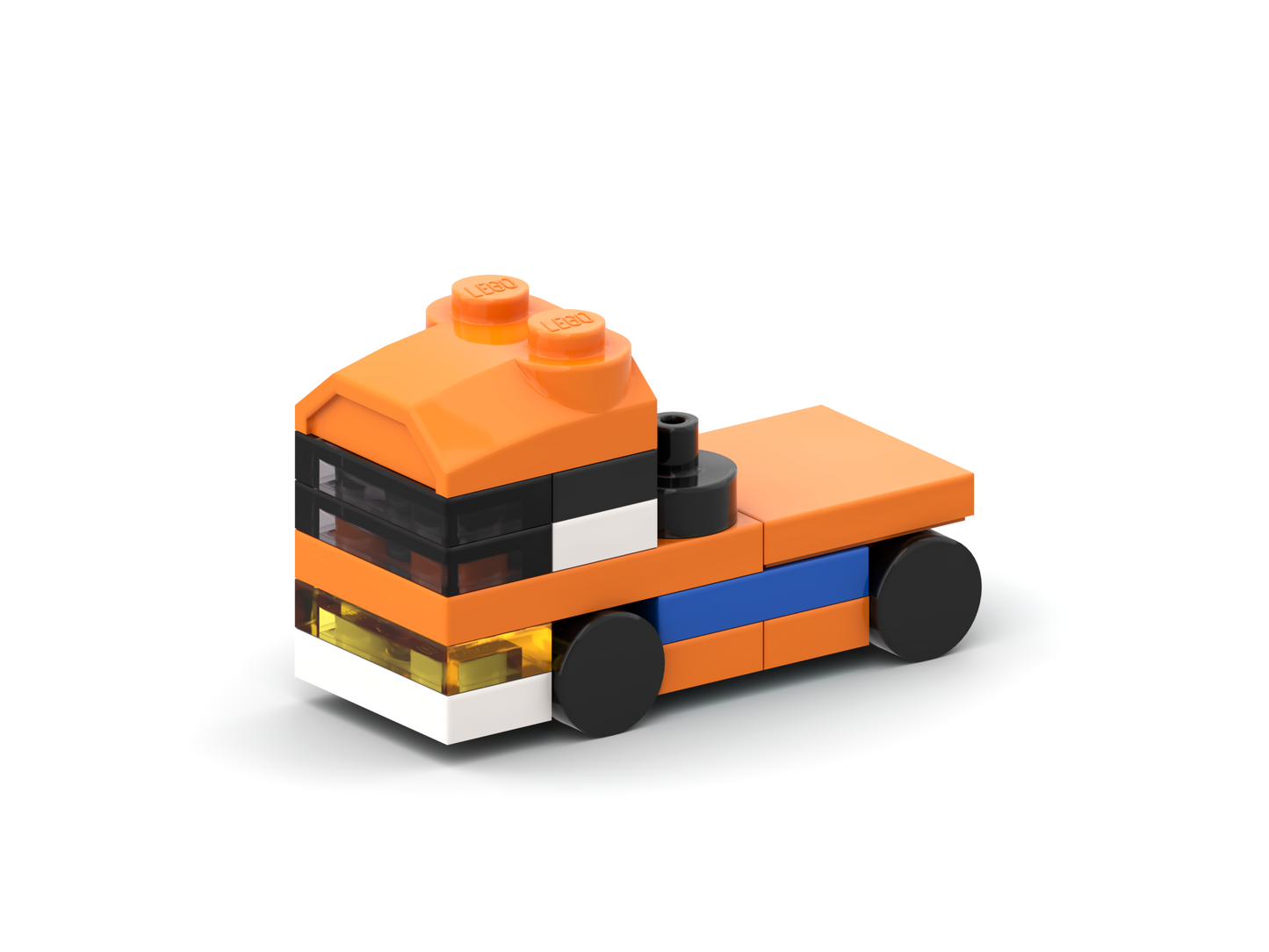 Small toy truck made of interlocking bricks on a white background